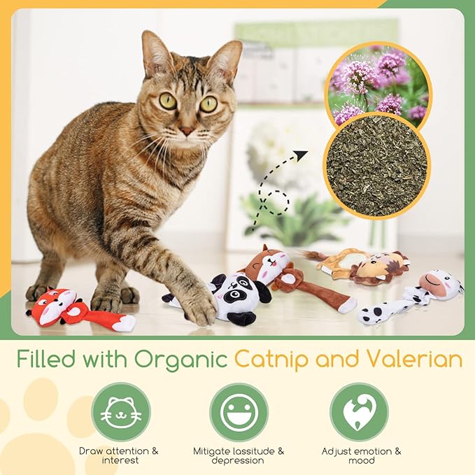 Nobleza Catnip Toys, 5Pcs Cat Chew Toys for Indoor Cats Clearance, Cute Animal Shapes Plush Kitty Teething Toys with Crinkle Paper for Pet Birthday, Interactive Kitten Kicker Toy with Organic Cat Nip