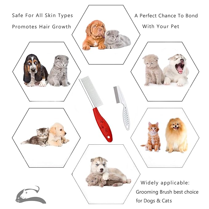 Sorxine Pet Comb for Dogs & Cats,Small Dog & Cat Grooming Comb 2 Combs,Pet Stainless Steel Teeth Dogs Comb for Removing Matted Fur, Knots & Tangles,Shedding Comb,Red