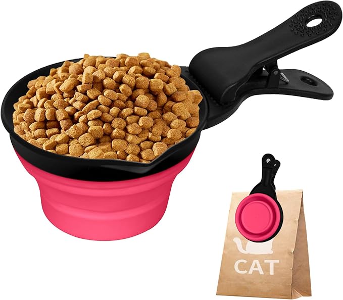PNEUICALLY Collapsible Dog Food Scoop Foldable Pet Food Bag Clip 3 in 1 Multi-function Silicone Cat Food Measuring Cup Scoop Dog Food Scooper Pet Food Storage Clip (Rose Red, 2 Cup Capacity(1 Pack))