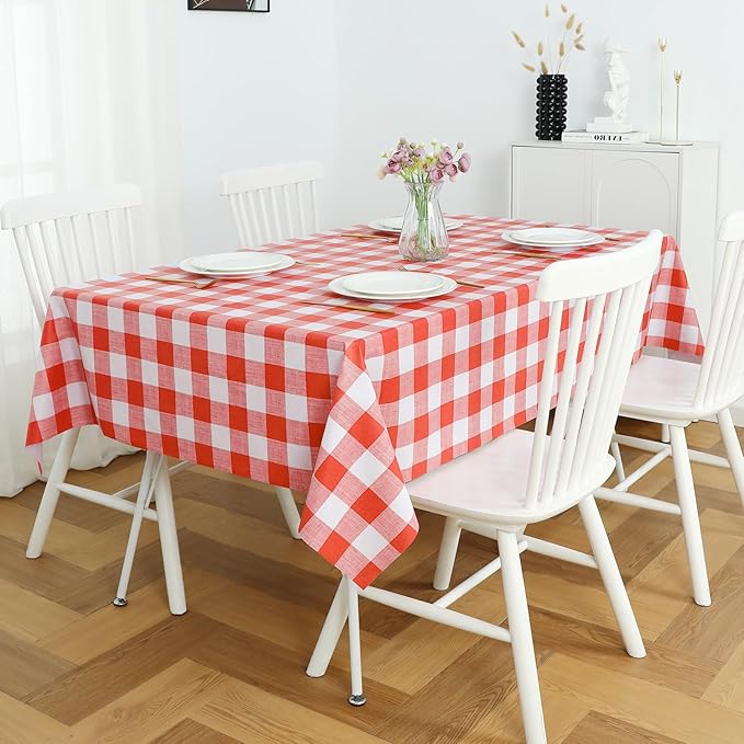 Romanstile Gingham Rectangle Plastic Tablecloth, 100% Waterproof Oil-Proof Checkered PVC Table Cloth, Heavy Duty Vinyl Table Cover for Dining, Camping, Picnic, Outdoor - 54 x 108 Inch, Red and White