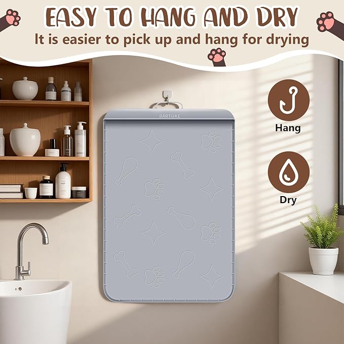 Dog Food Mat with Collection Pocket, 42''x28'' Extra Large Silicone Pet Feeding Mat for Food and Water, Waterproof Anti-Slip Dog Mat with Edge and Handle, Pet Placement for Floor(Light Grey)