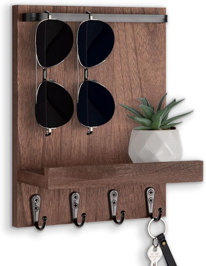 Lucundm Key Holder Wall Mount, Key Holder for Wall with 4 Hooks, Farmhouse Key Hanger Holds Dog Leash, Sunglasses, Decorative Mail Organizer Home Decor (Brown)