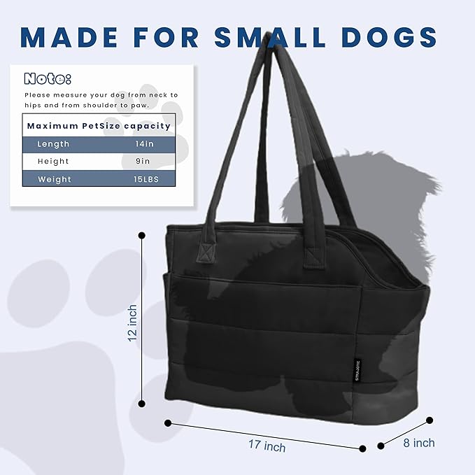 Lightweight Dog Purse Carrier for Small Dogs Under 15 lbs, Puffy Quilted Pet Carrier Tote for Puppies with Safety Leash Clip, Women's Hands-Free Dog Carrier Bag, Matte Black