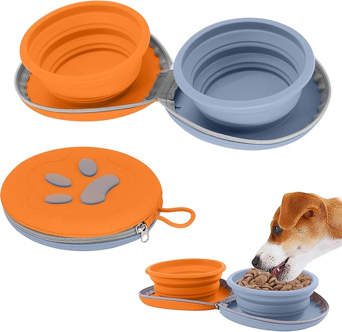 Collapsible Dog Bowls, 2-in-1 Travel Double Bowl Water Food Feeder Portable Pet Traveling Camping & Walking 25oz (Blue Orange)