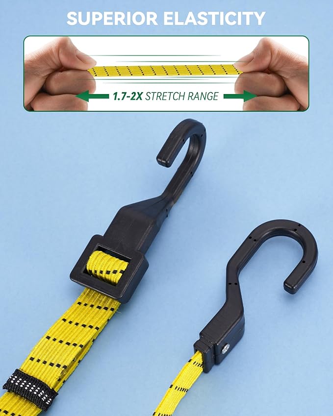 4 Pack 4 Way Flat Adjustable Bungee Cords with Hooks, Easy to Adjust The 4 Sides Length, Lucky Straps 30 Inch Black/Yellow Heavy Duty Tack Strap for Bike, Motorcycle, Roof Rack, Kayak, Cargo, etc