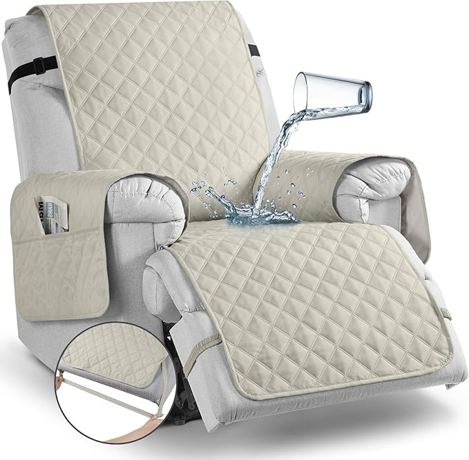 TAOCOCO Waterproof Recliner Chair Covers with Leg Strap 1 Piece Oversized Recliner Covers for Large Recliner for Pets Kids, Washable Reclining Chair Furniture Protector(28'' Oversized, Ivory)