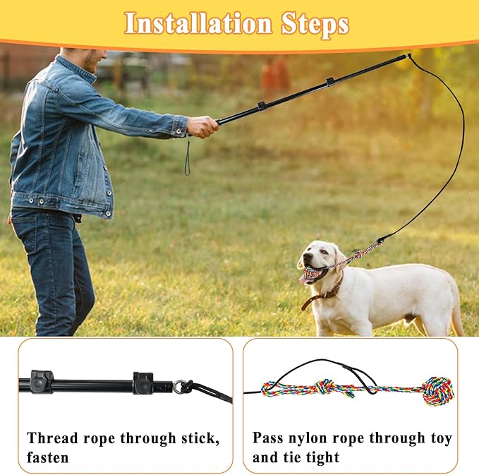 ASOCEA Flirt Pole for Dogs, Heavy Duty Dog Teaser Wand with 3 Replacement Chew Rope, Interactive Tug of War Chase Toy for Small Medium Large Dogs Portable Outdoor Exercise Training Play Equipment