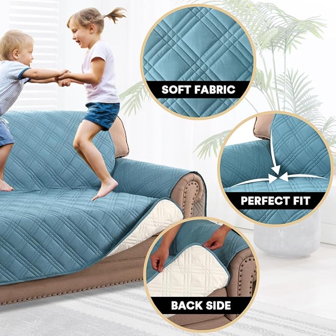 PrinceDeco 100% Waterproof Chair Sofa Slipcover for Living Room Water Resistant Couch Cover Furniture Protector Cover with Elastic Straps for Pets Kids Children Dog Cat(Chair 23", Smoke Blue)