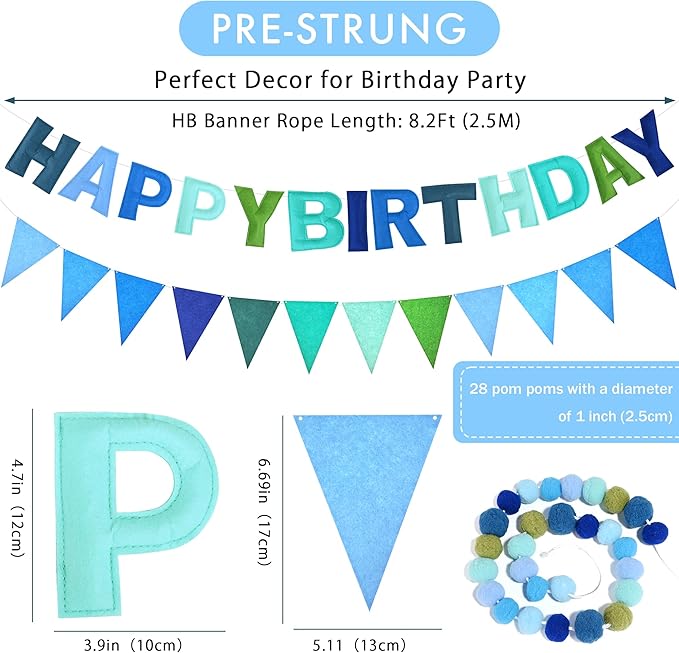 CANREVEL Pre-Strung 3D Happy Birthday Banner, 3 PCS Blue Felt Garland, Pom Pom Garland, Triangle Fabric Bunting, Reusable Blue Birthday Decorations for Boys Men