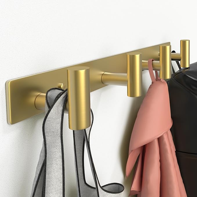 VINHOLD Wall Mounted Coat Rack-4 Hooks, Heavy Duty Stainless Steel Wall Hooks for Towel Coat Bag, Hat Rack Coat Hanger Coat Hooks Towel Racks for Bathroom Entryway Kitchen Hotel Office (Gold, 1 Pack)