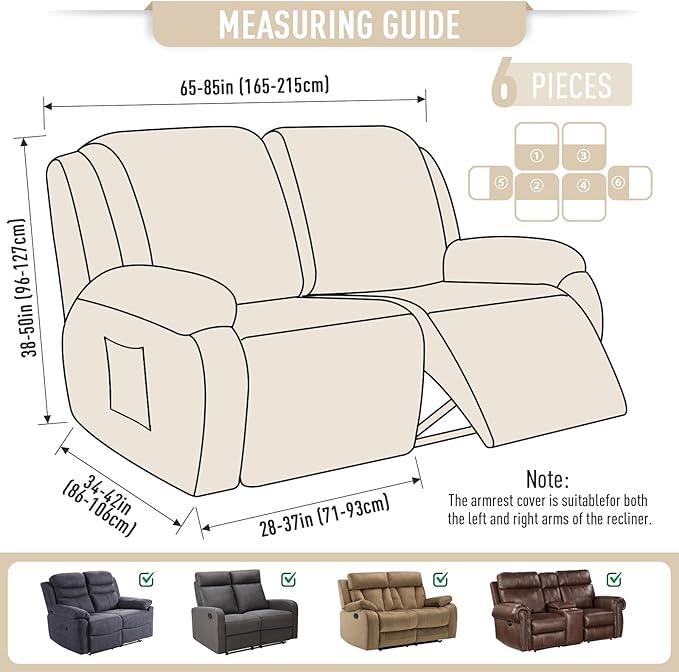 TAOCOCO Recliner Loveseat Slipcover, 6 Pieces Dual Recliner Sofa Covers for 2 Seat Dual Reclining Loveseat Couch, Stretch Soft Jacquard Pattern Furniture Protector with Elasticity (2XL, Beige)