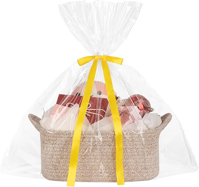 OIASKET Basket for Gifts Empty, Woven Storage Basket with Gift Bag, Ribbon and Wrap Tissue Paper, Small Rope Toy Storage with Handles for Baby Shower, Dog Toy Organizer, 13.6" x 10" x 5.9”