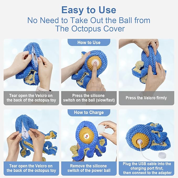 Qraxond Interactive Dog Toys Octopus,Durable Automatic Jumping Dog Toy to Keep Them Busy,Squeaky Moving Tug of War Doggie Toy,USB Rechargeable,Not for Aggressive Chewers (Blue)