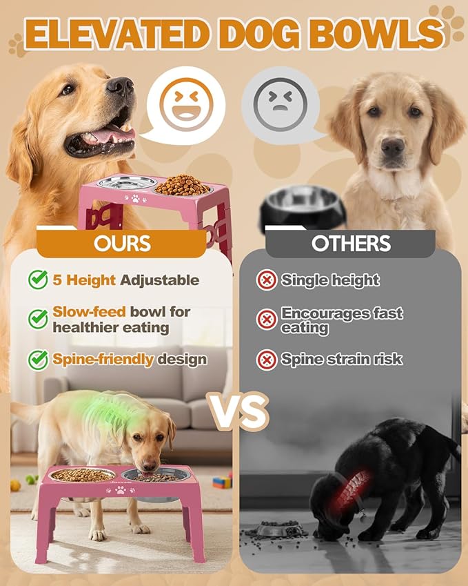 Jovrun Elevated Dog Bowls, Dog Feeder with Stainless Steel Dishes & Slow Feeder Bowl, 5 Heights Adjustable Raised Stand for Medium Large, Food Dishes with Non-Slip Feet