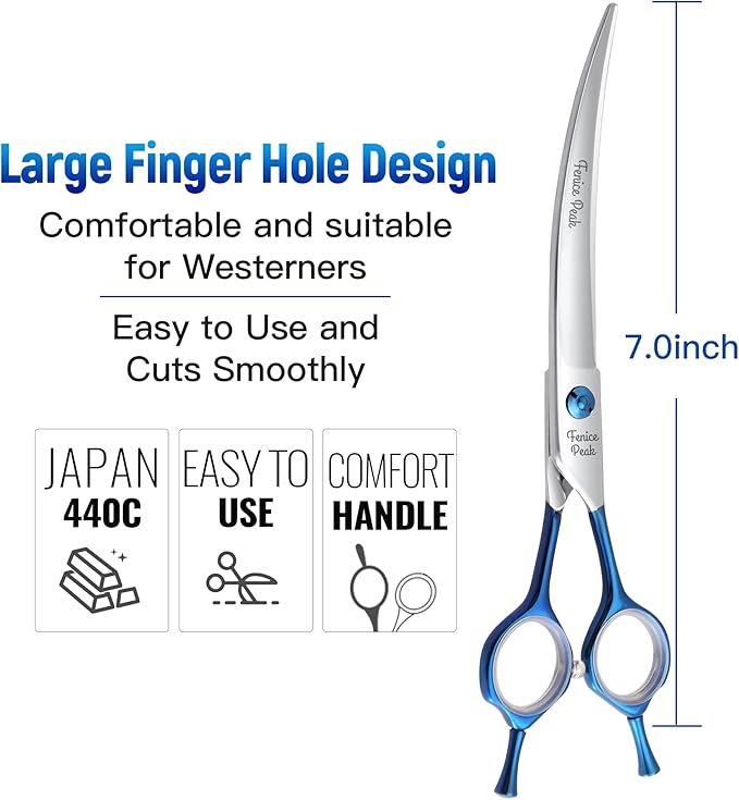 Fenice Peak Grooming Scissors for Dogs 7 inch Curved Pet Grooming Scissors Ergonomically Designed Blue Handles Ideal Dog Shears for Precise Trimming Easy Use.