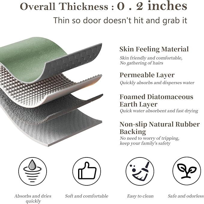 Diatomaceous Earth Bath Mat Rugs Quick Dry Super Absorbent Non Slip Rubber BottomThin Bathroom Mat Fit Under Door, Floor Rugs in Front of Bathtub,Shower Room,Sink,Washable, 17" x 32", Sage Green