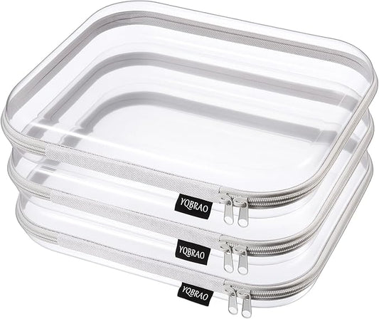YQBRAO 3-Pack Large Clear Hard Shell Zipper Case, 1.2mm Ultra-Thick Rigid Toy & Closet Organizer, Heavy-Duty Diaper Bag Pouch Set with YKK Zippers, Waterproof Travel Storage (Gray)