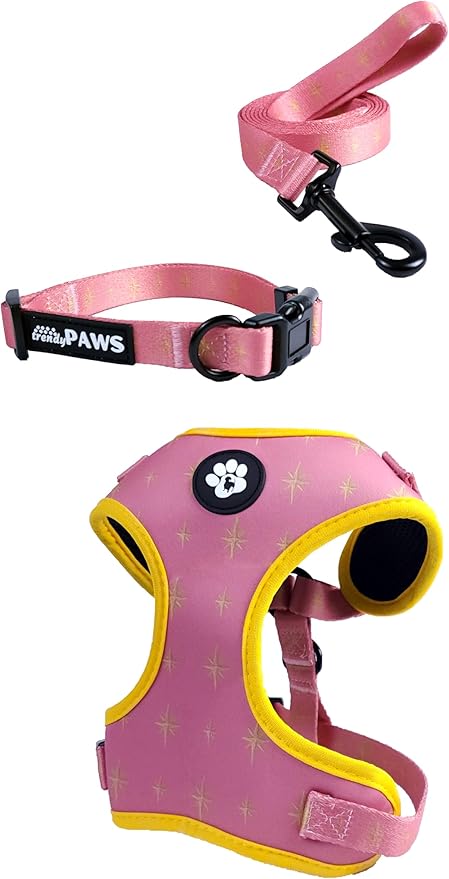 TrendyPaws Dog Harness, Collar and Leash Set, Breathable Mesh, S/M/L Sizes (Rose Gold, Medium)