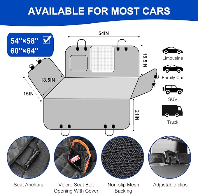 EasyHaWei Dog Car Seat Cover for Back Seat 600D Scratchproof Nonslip Durable Waterproof Cars Pet Backseat Covers with Mesh Window Dogs Hammock for Car，SUV, Truck (54" W x 58" L)
