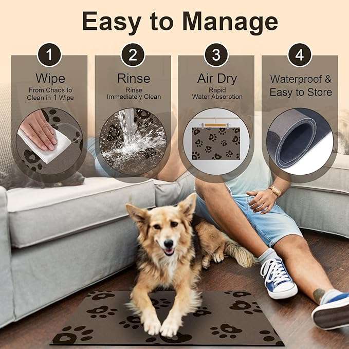 BLESWIN Pet Feeding Mats 16"x24", Water Absorbing Mat for Dog Bowl, Dog Dish Mats for Floors Waterproof, Non Slip Mat for Dogs, Pet Water Mat Protect Floor, Cat Mat for Food and Water, Brown