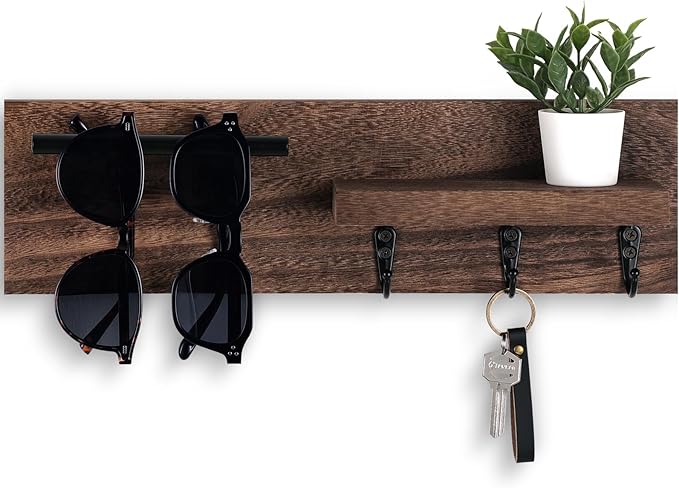 Lucundm Key Holder for Wall, Decorative Entryway Shelf with Hooks Holds Keys, Dog Leash, Sunglasses – Key Hanger with 3 Hooks Organizes, Enhances Home Decor (15” x 4.5” x 2.6”) (Brown)