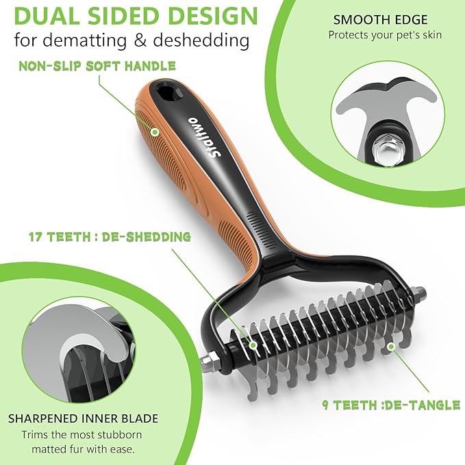 Staltwo Deshedding Dog Brush for Shedding - 2-in-1 Professional Undercoat Rake and Furminator for Dogs | Shedding Control for Long-Haired Dogs and Cats, Deshedding Tool, Knot Removal,Orange