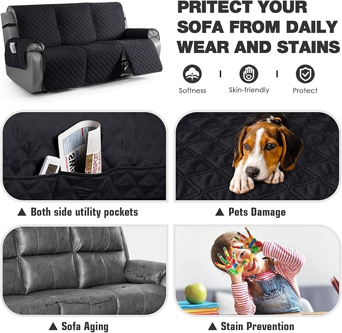 TAOCOCO 100% Waterproof Recliner Couch Covers, Recliner Sofa Covers with Leg Straps, 1-Piece Washable Reclining Sofa Cover with Pocket Couch Protector for Pets Kids(3 Seater, Black)