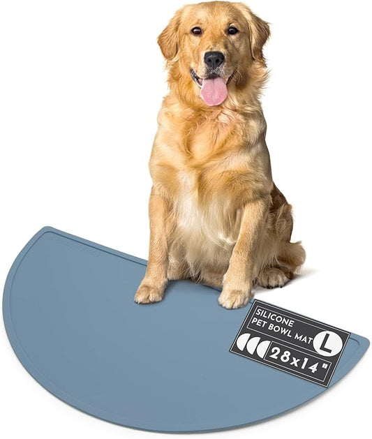 Should We Go? Waterproof Silicone Pet Food Mat - Non-Slip, Spill-Proof Feeding Mat for Floors, Raised Edge Design Easy-to-Clean Rubber Mat for Dog & Cat Bowls, 28" Across x 14" Deep, Large-Ocean Blue