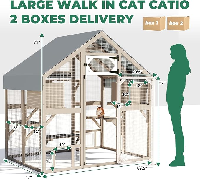 71" H Catio Outdoor Cat Enclosure Weatherproof, Large Walk-in Catio Cat Patio Attached Window for Multiple Cats, Waterproof Kitty Enclosure Outside with 2 Condos, 6 Platforms