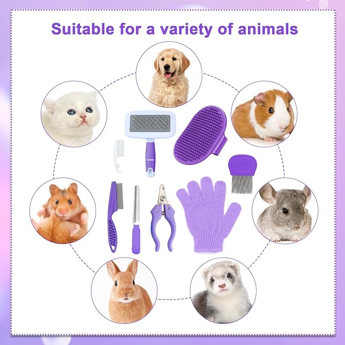 VCZONE 8 Pcs Small Animal Grooming Kit, Rabbit Grooming Kit with Pet Nail Clipper and File, Flea Comb, Pet Shampoo Bath Brush, Pet Shedding Slicker Brush, Bath Massage Glove, Cleaning Comb (Purple)