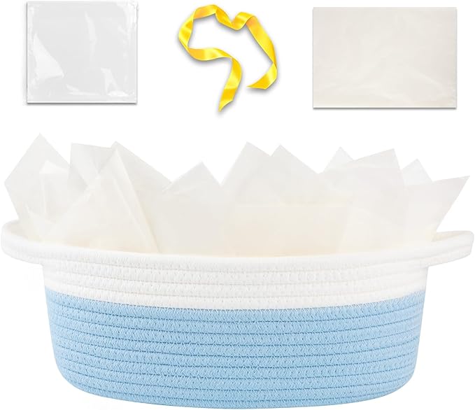 OIAHOMY Gift Basket Empty with Handle, 12"x 8"x 5" Small Woven Basket with Gift Bag, Ribbon and Wrap Tissue Paper, Dog Toy Storage for Organizing - Sky Blue & White