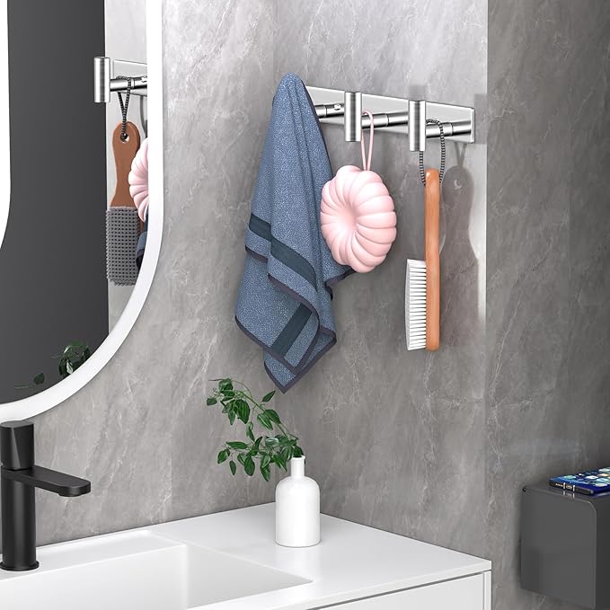 VINHOLD Wall Mounted Coat Rack-3 Hooks, Heavy Duty Stainless Steel Wall Hooks for Towel Coat Bag, Hat Rack Coat Hanger Coat Hooks Towel Racks for Bathroom Entryway Kitchen Office (Silver, 1 Pack)