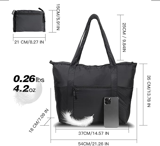 Foldable Lightweight Tote Bag Nylon for Travel Duffel,Polyester Packable Totes with Zipper, 23-28L Collapsible Compact Large for Women and Men,Black