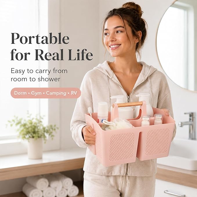 Haundry Portable Shower Caddy Basket with Handle, 3-Compartment Plastic Bathroom Organizer, Dorm Shower Basket for College Students, Quick Drain Storage Tote for Toiletries, Camping, Gym, RV