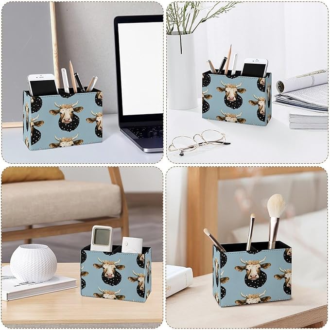 Famame Flowers on Milk Cow Pencil Holder for Desk, Leather Desktop Container Pen Cup Storage Study Table Pen Organizer Makeup Brush Holder for Classroom Office Home