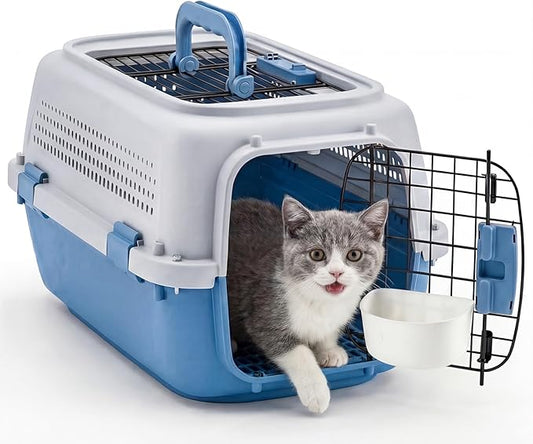 NEWBULIG 23" Hard-Sided Dog Carrier, Plastic Cat & Dog Crate, 4-Sided Ventilation Travel Pet Kennel, Top & Front Door Access, Integrated Food Bowl, for Small Pets up to 22 lbs, Grey & Blue
