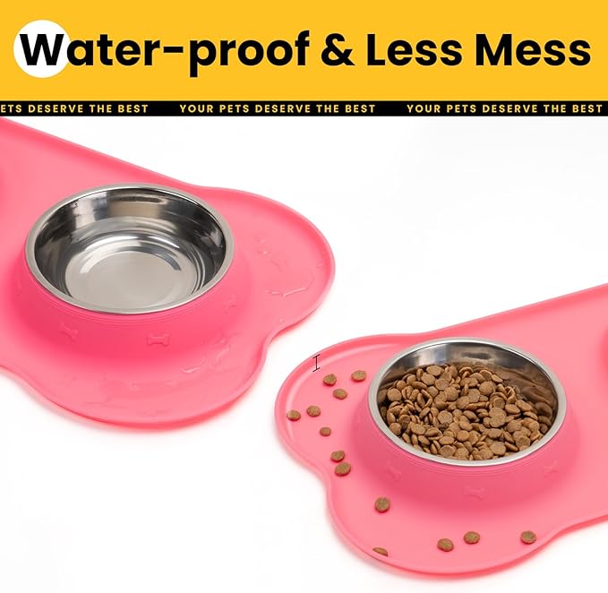 Medium Pet Feeding Station, 29oz Stainless Steel Dog Bowls Set, No Spill Food & Water Dishes with Non Slip Silicone Mat for Breeds Up to 55 Lbs, Pink