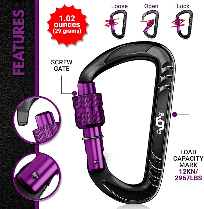 12kN (2697 lbs) Heavy Duty Carabiner Clips, for Securing Pets, Outdoor, Camping, Hiking, Hammock, Dog Leash Harness, Keychains