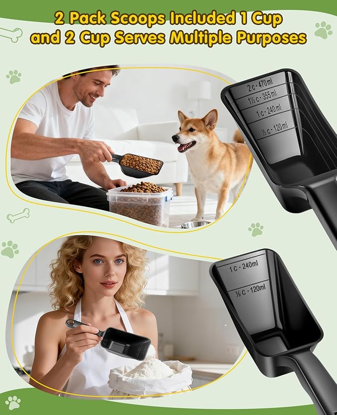 GNEOCO 2 Pack Dog Food Scoop with 1 Cup and 2 Cup Capacity, Plastic Pet Food Measuring Scoops with Clear Measurement Lines for Dogs, Cats & More,Dishwasher safe (Black)