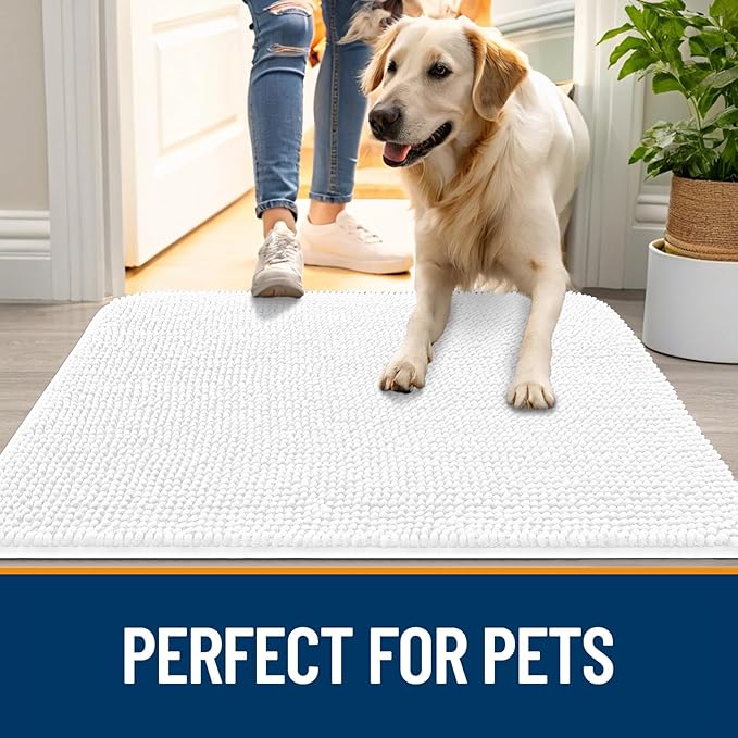 OLANLY Dog Door Mat for Muddy Paws 70x35, Absorbs Moisture and Dirt, Absorbent Non-Slip Washable Doormat, Quick Dry Chenille Mud Mat for Dogs, Entry Indoor Entryway Carpet for Inside Floor, White