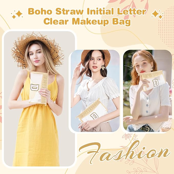 Personalized Initial Letter Bag Boho Straw Clear Makeup Bag,Small Cute Chenille Varsity Letter Bag With Zipper,Beach Travel Toiletry Bag,Portable Monogrammed Cosmetic Bag for Women Girls,D