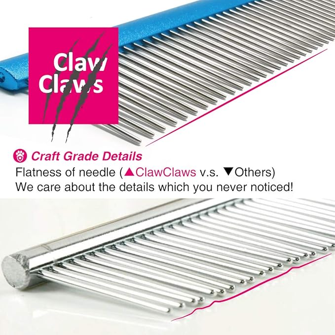 Claw Claws Greyhound Comb with Oval Handle for Dogs and Cats, Removing and Shedding Matted, Tangled Hair, Metal Comb with Stainless Steel Pins, Detangling Grooming Tool (9.8" Blue-20% fine pins)