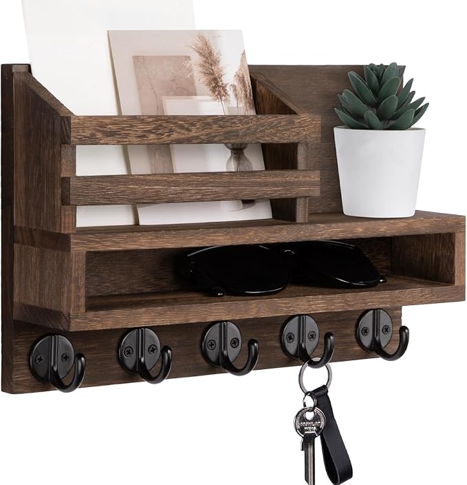 Lucundm Key and Mail Holder Wall Mount, Key Hanger with Long Storage Box and 5 Hooks for Coat, Dog Leash, Home Decor Rack, House Accessories, Entry Way Organizer 11.8”W x 7.8”H x 3.2”D