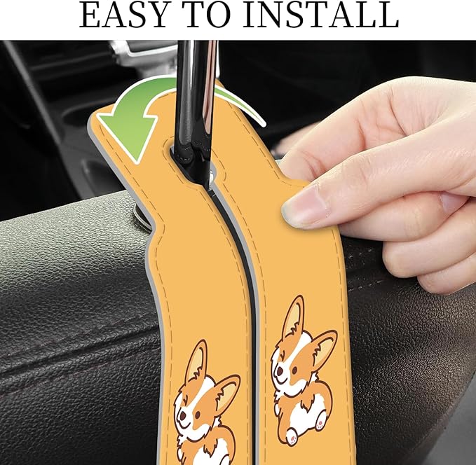 PU Leather Car Seat Hook, Storage Headrest Hanger, Cute Car Backseat Organizer, Car Hooks For Purses and Bags Corgi Dog Orange