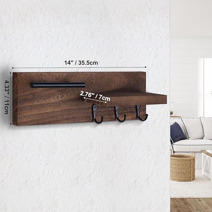 Lucundm Key Holder for Wall, Decorative Entryway Shelf with Hooks Holds Keys, Dog Leash, Sunglasses – Key Hanger with 3 Hooks Organizes, Enhances Home Decor (15” x 4.5” x 2.6”) (Brown)