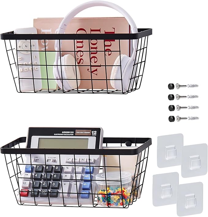 LIGHT DUST Wall Hanging Baskets - 2 Black Baskets Set Wire Basket Metal Organizer Bins for Kitchen Pantry Cabinet Bathroom Shower Door RV [Included Adhesive Hooks & Wall Mounted Screws]