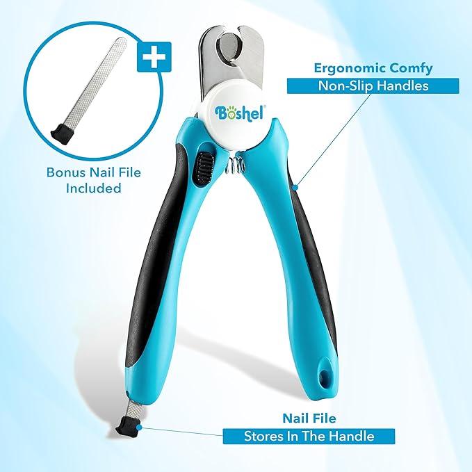 Dog Nail Clippers and Trimmer by Boshel - with Safety Guard to Avoid Over-Cutting Nails & Free Nail File - Razor Sharp Blades - Sturdy Non Slip Handles - for Safe, Professional at Home Grooming