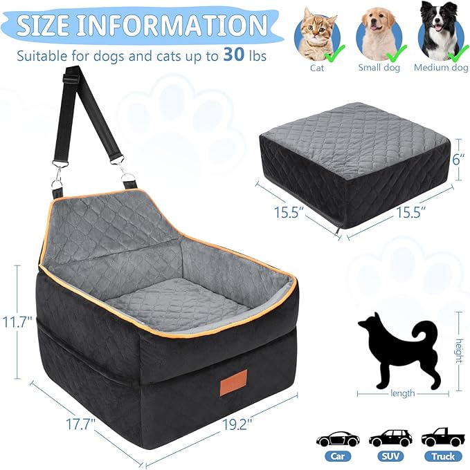 GL GLENSLAVE Dog Car Seat for Small Medium Dogs, Memory Foam Dog Booster Car Seat for Pets Under 35 lbs, Anti-Slip Pet Carseat with 2 Adjustable Leashes, Elevated Dog Travel Bed with Storage Pockets