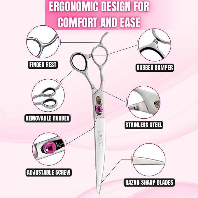 Kenchii Love Left Handed Dog Grooming Scissors, 8 Inch Curved Shears, Dog Scissors for Grooming, Professional Pet Grooming Scissors, Ergonomic & Comfortable