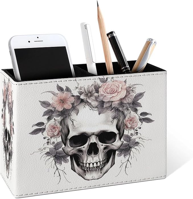 Famame Vintage Skull Flowers Skeleton Pencil Holder for Desk, Leather Desktop Container Pen Cup Storage Study Table Pen Organizer Makeup Brush Holder for Classroom Office Home
